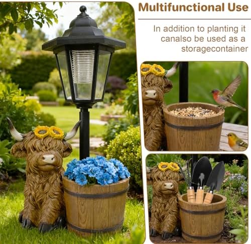 Highland Cow Garden Outdoor Statues with Solar Lights and Flowerpot Decor Animal Figurines Sculptures Resin Outdoor Statues for Patio Yard Lawn Balcony Mom Grandma Gifts - Image 3