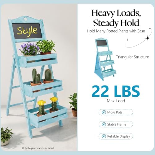 3-Tier Plant Stand, Wooden Plants Ladder Shelf Small Flower Pot Holder Display Storage Rack with Chalkboard for Garden Balcony Yard Florists (Blue) - Image 4