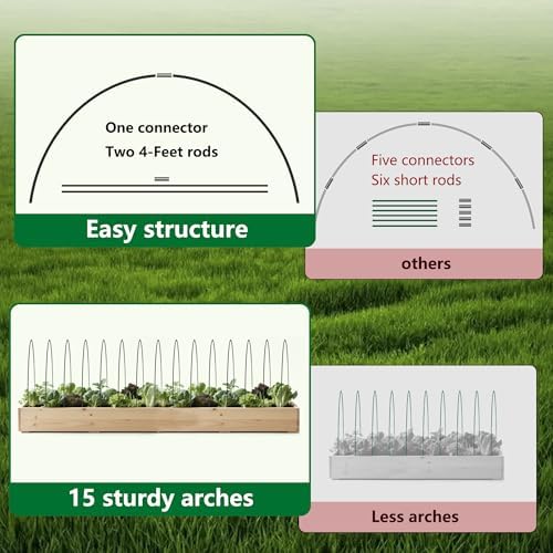 Garden Greenhouse Hoops Kit 15 Sets -2-Section Design, 8ft Grow Tunnels Poles Plant Raised Beds, 30 Pcs 4ft Solid Fiberglass Support Stakes 15 Metal Connectors -Quick Assembly No Loose Parts (Black) - Image 4