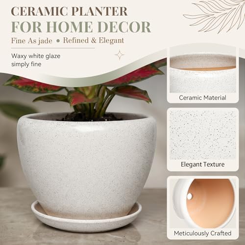 11 Inch Ceramic Plant Pot with Drainage Hole Mesh Net, Large Gardening Pots for Indoor Plants with Saucer, Waxen White - Image 3