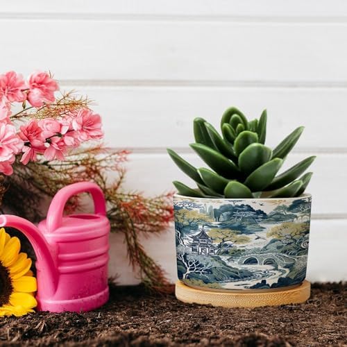 Trend Dragon and Print Planter Ceramic Chinoiserie Asian Inspired Round Plant Pot with Drainage Holes and Bamboo Tray Pot for Outdoor Garden Home Plant - Image 5
