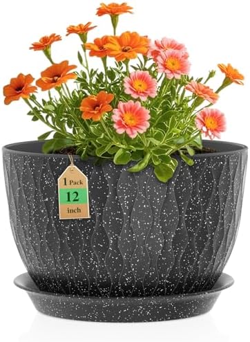 WSMKSZ 12 Inch Wide Water Ripples Flower Pots for Indoor or Outdoor Plants, Large Plant Pots with Drainage Holes & Saucer, Plastic Planters Set for Garden & Home Decor (Black with White Speckles) by WSMKSZ