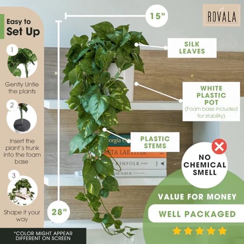 MY ROVALA Silk Plants for Home Decor Indoor in Pot Realistic Artificial Plants Hanging Faux Plants Indoor Fake Potted Plants for Shelves Bedroom Bathroom Trailing Plant, Fake Pothos Ivy (Dark Green) - Image 7