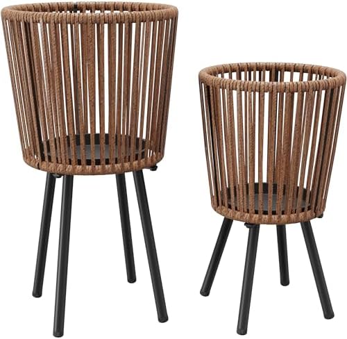 Set of 2 PE Rattan Plant Stand, Flower Pot Holder Indoor & Outdoor by Mugovelo
