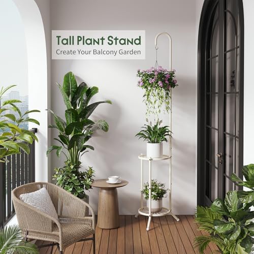 2-Tier Plant Stand With Hanging Hook, Metal Standing Plant Hanger, White - Image 2