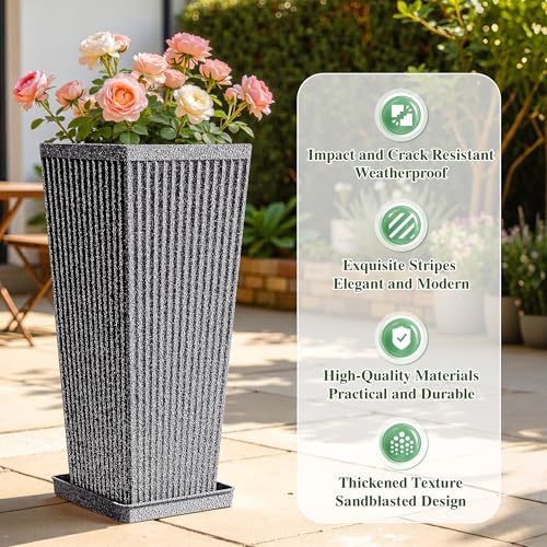 24" Tapered Tall Planters for Outdoor Plants with Tray&Shelf, Gray - Image 4