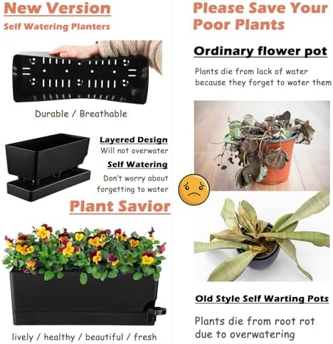 Self Watering Pots for Indoor Plants 17 Inches Window Boxes Planters Rectangular Flower Pots Rectangle Herb Pots Large Plant Pots with Drainage Holes and Saucers Windowsill Planter (4, Black) - Image 7