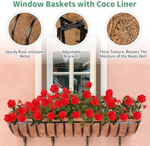 Tessco for you 4 Pack 48 Inch Window Baskets with Coconut Liner 4 Adjustable Flower Brackets Window Deck Planters Boxes Railing Planter Metal Hanging Flower Planter for Indoor Outdoor Lawn - Image 4