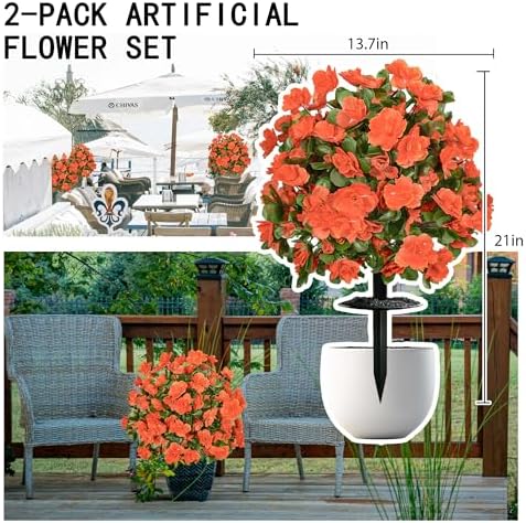 Artificial Mums for Outdoors, Faux Bushes Topiaries Outdoor Set of 2 Orange - Image 2