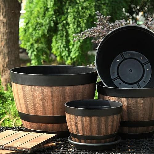 2Pcs Eco-Friendly Faux Whiskey Barrel Planter - 12in Durable Plastic Flower Pot for Indoor & Outdoor Decor - Lightweight and Portable with Tray(Size 2) - Image 4