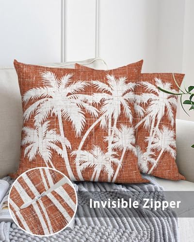 Throw Pillows 18x18 Set of 2, Tropical Palm Tree Waterproof Outdoor Pillow Covers with Insert, Vintage Burnt Orange Botanical Plants Decorative Pillowcase Cushion for Patio, Garden, Couch, Sofa, Bed - Image 5