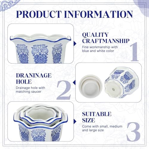 Briwooody Set of 3 Chinoiserie Planters Blue White Ceramic, Classic Style - Image 4