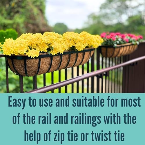 LaLaGreen Railing Planter Box (24 Inch, 2 Pack) Black Metal Rectangular Hanging Planters with Coco Liner, Flower Boxes Brackets for Deck Railings Outdoor Plants Over Rail Fence Balcony Patio Porch - Image 4