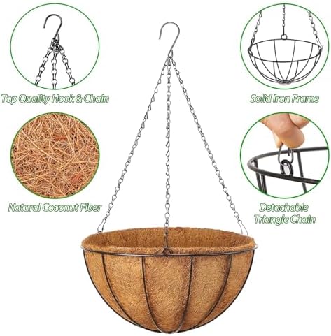 LCHUANG Hanging Baskets Planter for Plants - 4 Pack 12 Inch Metal Baskets with Coco Coir Liner, Hanging Flower Pots for Outside with Chain, Indoor Outdoor Garden Porch Decoration (12'' Pack of 4) - Image 2