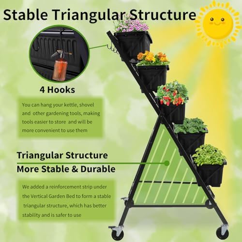 Homdox 4FT Vertical Garden Bed, 5 Tiers Raised Garden Planter, 25.6 * 26 * 48Inch with 4 Hooks & 4 Wheels, Vegetable Flower Stand for Garden Patio Yard, Black - Image 4