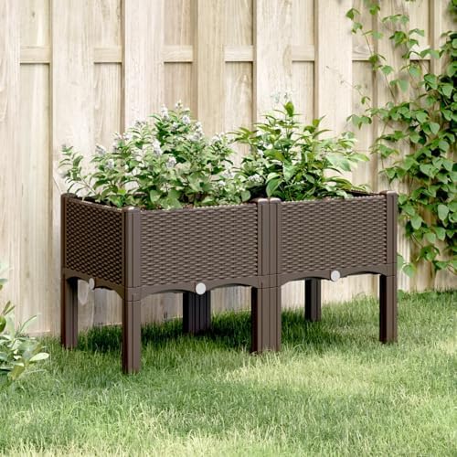 Gecheer Elevated Garden Planter Box with Legs, 80x40x42 cm Brown PP Raised Planter with Rattan Look, Large Outdoor Flower Pot for Patio Terrace Vegetables Climbing Plants, Easy Drainage Design by Gecheer