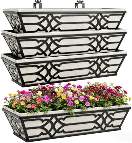 Window Planter Box, Railing Planter Box with Non-Woven Fabric Liners, 4 Pack 24" Hanging Flower Baskets for Outdoor Plants, Metal Deck Railing Planters with Adjustable Brackets, Apartment Balcony by cheehigo