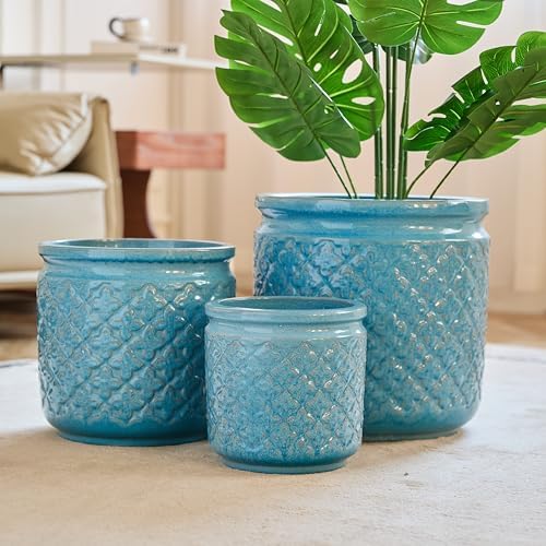 9 Inch Ceramic Planters, Set of 3, Antique Blue Geometric - Image 4