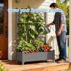 Mobile Garden Planter with Trellis & Lockable Wheels, Outdoor Raised Bed with Drainage & Water Gauge, Weather-Resistant Resin for Patio, Balcony, Yard, Dust-Resistant (Grey, 43.43*18.27*64.29) - Image 7