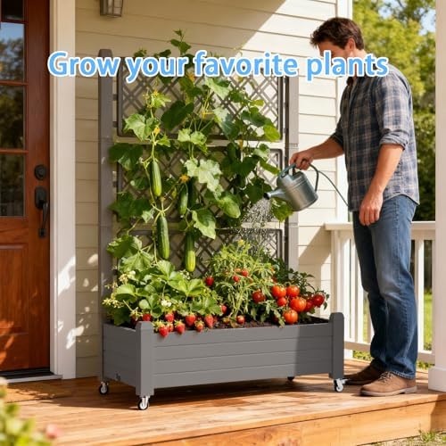 Mobile Garden Planter with Trellis & Lockable Wheels, Outdoor Raised Bed with Drainage & Water Gauge, Weather-Resistant Resin for Patio, Balcony, Yard, Dust-Resistant (Grey, 43.43*18.27*64.29) - Image 7