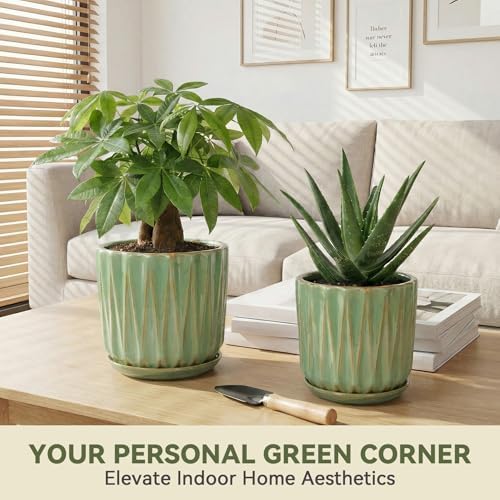 10 Inch Ceramic Planter Pot with Saucer Drainage Leak-Proof Mesh,Flower Pots for Indoor Plants with Gardening Gloves,Ceramic Planter(Light Green) - Image 2