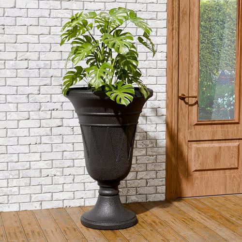 Tall Plastic Urn Planters and Pedestal - 24" Outdoor Planter Black - Image 6