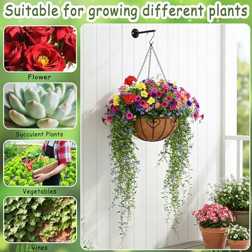 4pcs 16 inch Metal Hanging Baskets Round Wire Plant Stand with Coco Lining Cushion Decorative Planter Hanger Garden Indoor Outdoor Watering Hanging Basket （AX） - Image 6