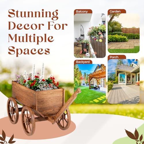 Wood Wagon Planter for Outdoor Balcony Decor - Garden Rustic Wooden Flower Cart with Wheels for Outside - Garden Decor - Amish Decorative Indoor - Wheelbarrow Planter for Patio - Image 6