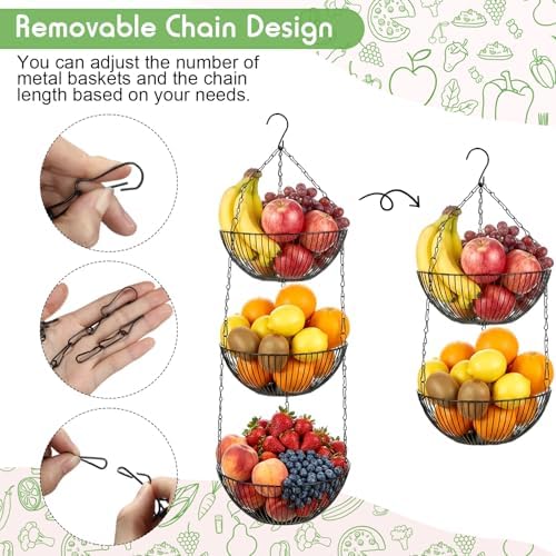 3-tier Hanging Fruit Basket, 44" Metal, Black, 9.8 x 3.9 Inch - Image 3