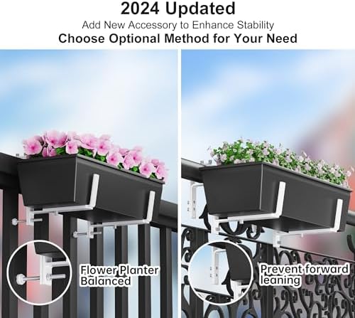 Y&M 4 Pcs Deck Railing Adjustable Planter Box Brackets (6 to 12.5 in), Universal Heavy Duty Iron Flower Box Brackets Wall Mounting Hooks for Fences, Patio, and Garden - White (Patent Registered) - Image 3