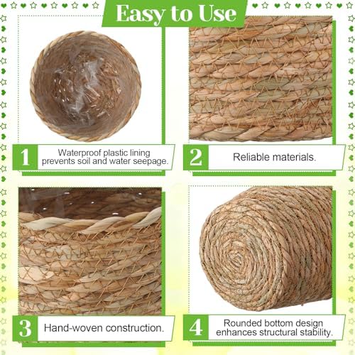 4 Pcs Straw Plant Baskets Indoor Rattan Woven Flower Baskets with Plastic Liner, Cattail Plant Planter for Indoor Outdoor Rustic Boho Home Farmhouse Floor Potted Pots Decor - Image 3