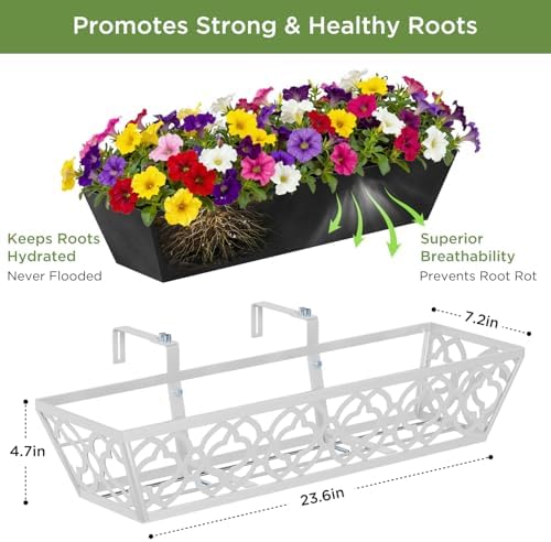 Y&M 2Pcs 24'' Railing Planter Box Set with Black Non-Woven Fabric Liner, Flower Boxes with Adjustable Brackets, Large Metal Hanging Window Boxes for Fence, Deck, Balcony, and Garden - Image 2