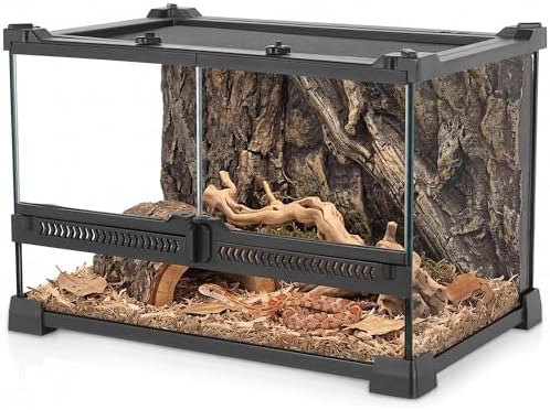 12"x8"x8" Reptile Terrarium, Double-Door Glass Terrestrial Vivarium for Burrowing Snakes Such as Hatchling Hognose Snakes, with Lock, Cable Port & Waterproof Deep Base Below Front Doors by Neptonion