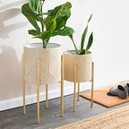 Main + Mesa Modern Boho Embossed Metal Planters with Stands, Cream and Gold, Set of 2 Sizes - Image 2