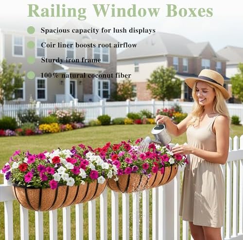 24 Inch Railing Planter Window Box Deck Balcony Rail Planter with Coco Liner Metal Wall-Mounted Coconut Liner Planter Basket English Horse Trough Planters for Outdoor Balcony Porch Fence (2 Pack) - Image 2