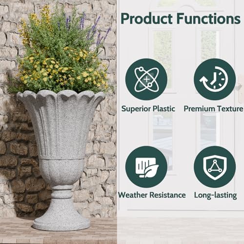 Tall Plastic Urn Planters and Pedestal - 24" Outdoor Planter Grey - Image 6
