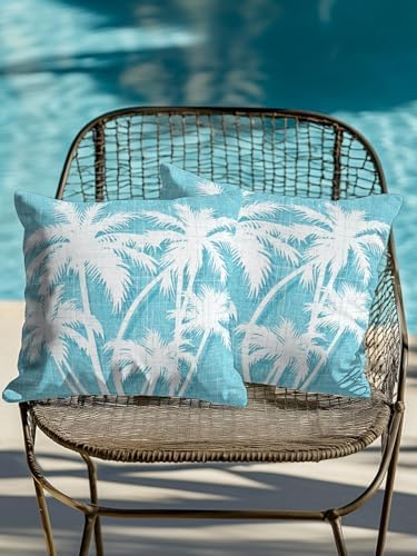 Throw Pillows 16x16 Set of 2, Tropical Palm Tree Waterproof Outdoor Pillow Covers for Patio with Insert, Vintage Aqua Exotic Botanical Plants Decorative Pillowcase Cushion for Couch, Sofa, Bed, Garden - Image 4