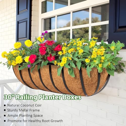 LCHUANG Railing Planter Window Box - 2 Pack 30 Inch Deck Balcony Rail Planter with Coconut Coir Liner, Fence Metal Hanging Flower Planter Basket Deck Railing Planter Boxes for Outdoor Garden - Image 2