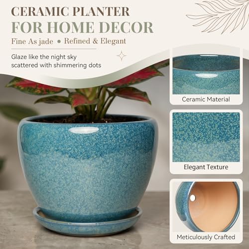 9.5 Inch Ceramic Plant Pot with Drainage Hole Mesh Net,Modern Gardening Pots for Indoor Plants with Saucer, Crackle Blue - Image 3