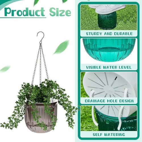 Meanplan 4 Pcs Self Watering Hanging Planter Indoor 6.5 Inch Hanging Baskets for Plants Outdoor Plastic Flower Pot with 3 Hooks Chains Drainage Holes for Garden Home, Medium Size(Emerald, Gray) - Image 4