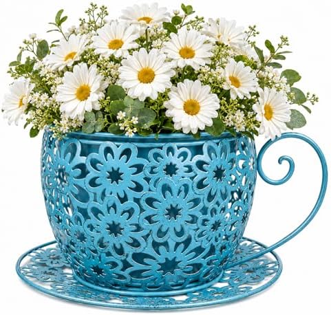 Iron Teacup Planter, Vintage Coffee Cup Flower Pot with Floral Cutout Design, Suitable for Indoor Outdoor Decoration, Ideal for Succulents Flowers, Balcony Garden Decor (Blue) by Unknown