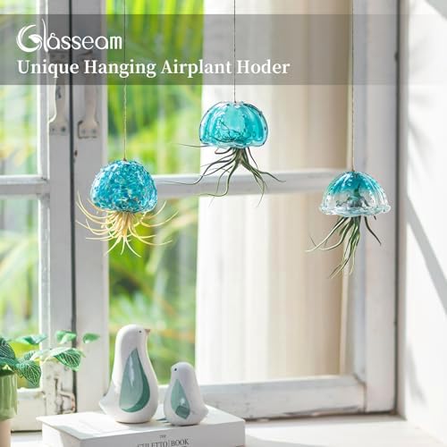 Glasseam Glass Jellyfish Decor, 3 Pcs Hanging Air Plant Holders with Jute - Image 3