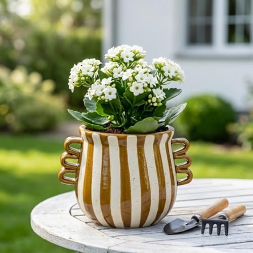 Ceramic Planter Pot Modern Striped Triple Handle Flower Pot No Drainage - Image 4