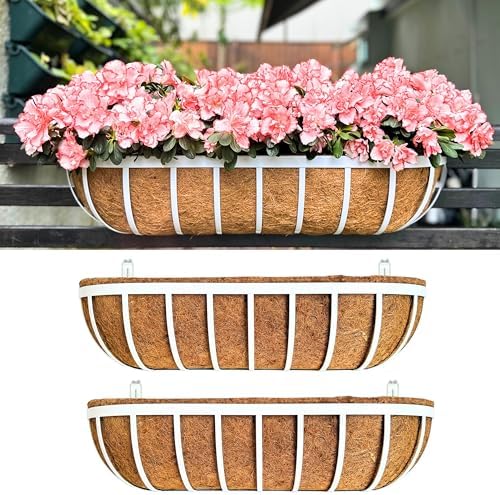 LaLaGreen Deck Railing Planter Boxes (2 Pack, 30") White Metal Rectangular Window Flower Box with Coco Liner, Large Wall Hanging Planter for Outdoor Plants Balcony Fence Deck Rail Porch Patio Garden by L%C3%A1L%C3%A1Green