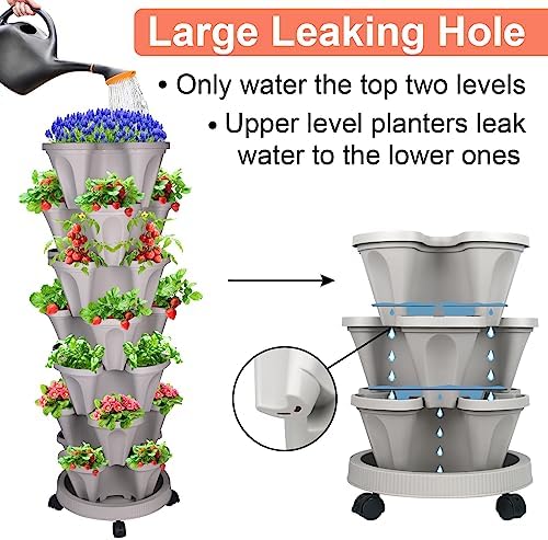 GameXcel Vertical Planter Tower - 7 Tier Stackable Garden Planters with Wheels and Tools Plant Pots for Strawberry Herb Flower and Vegetable Indoor Outdoor Use Gray - Image 3