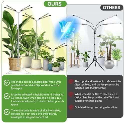 Grow Lights for Indoor Plants Full Spectrum,15-62 Inches Height Adjustable Dsektop and Standing Plant Growing Lights with Detachable Tripod Stand for Large and Small Plants, Auto On/Off Timer - Image 2