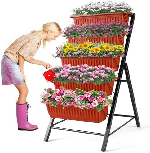Homdox 3.74FT Vertical Garden Bed, 5 Tiers Raised Garden Planter, 23 * 26 * 45Inch Outdoor Stand with 4 Hooks for Vegetable Flower, Patio Yard, Brown by HOMDOX