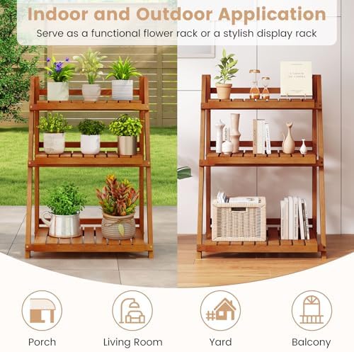 GIANTEX Foldable Ladder Plant Shelf, 3-Tier Solid Wood Indoor Outdoor Flower Pot Display Rack, Corner Storage Bookshelf, Freestanding Tiered Plant Stand for Garden Patio Balcony, No Assembly - Image 6
