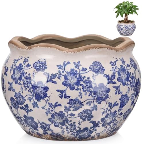Geetery Ceramic Planter Pot Large 11 Inch Round Plant Pot with Drainage Hole Crackle Glaze Vintage Farmhouse Planter Flower Vase for Indoor Outdoor Home Kitchen Garden Decor (Chinoiserie, Blue, Large) by Geetery