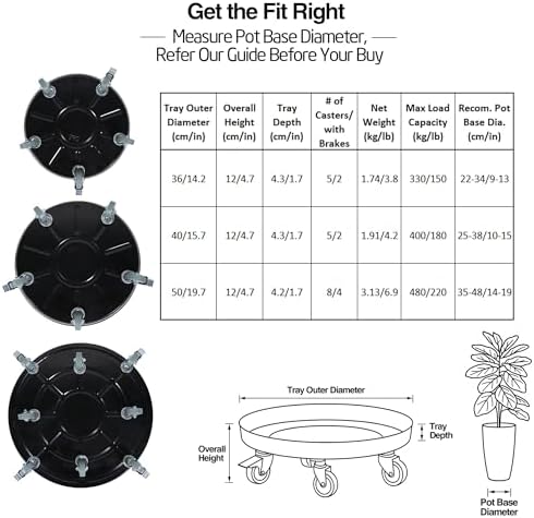 16" 2-Pack Metal Plant Caddy with Wheels, Heavy Duty Caddiq Series Rolling Plant Stand with Rubber Coated Casters & Pedal Brakes, Reinforced M10 Welding, Indoor Outdoor Pot Dolly - Image 6